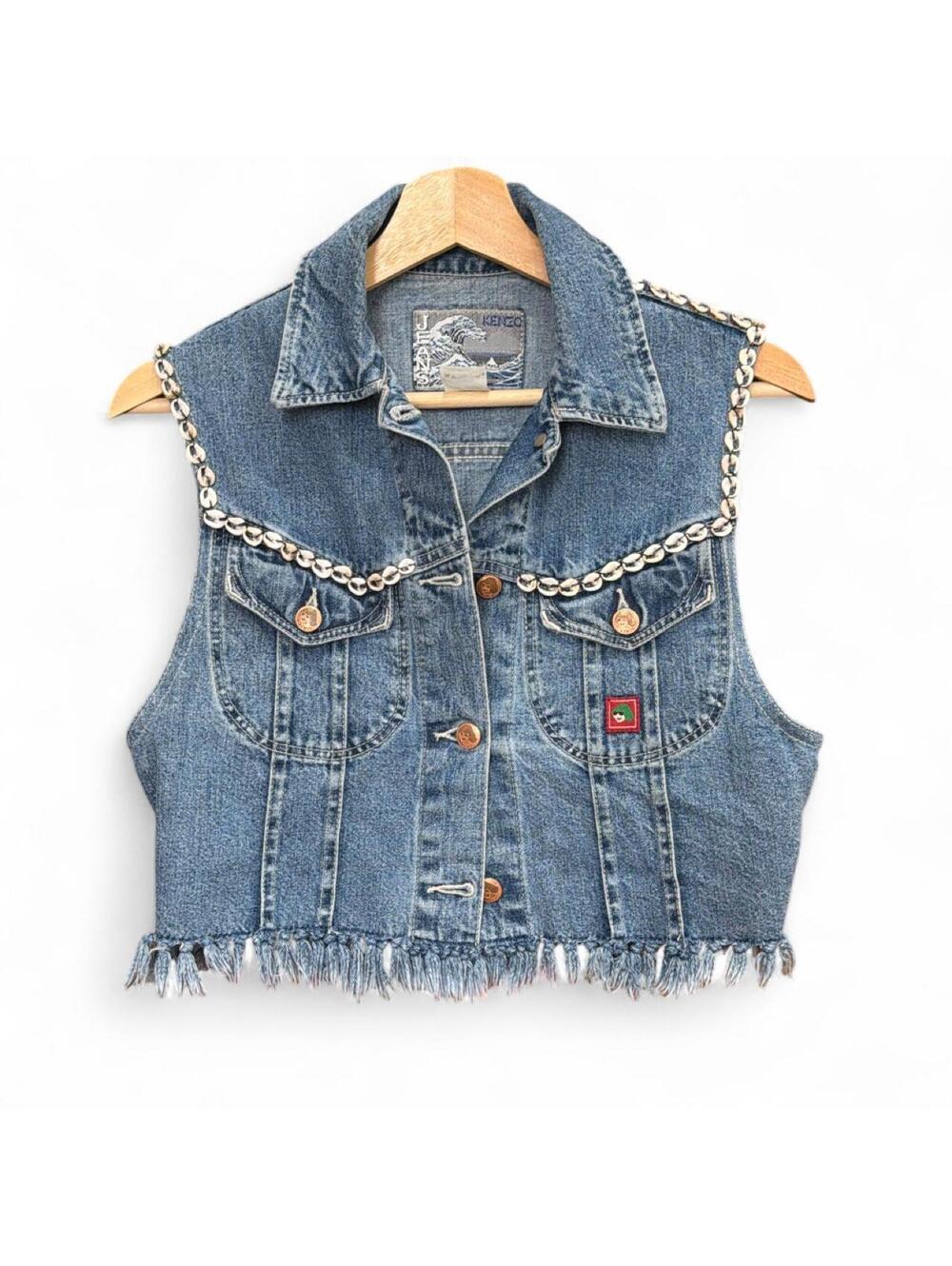 Kenzo Vintage 80s Blue Cropped Sleeveless denim Jacket With Shells, Size M